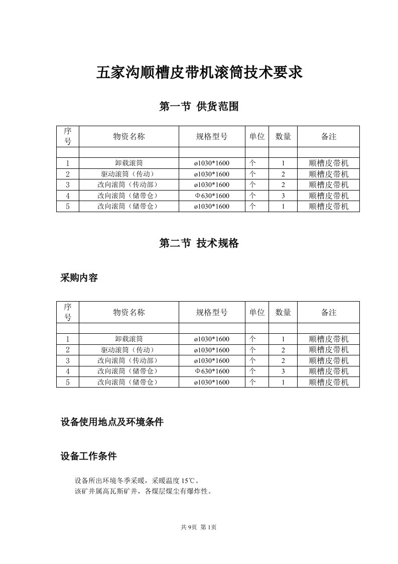 五家沟顺槽皮带机滚筒技术要求