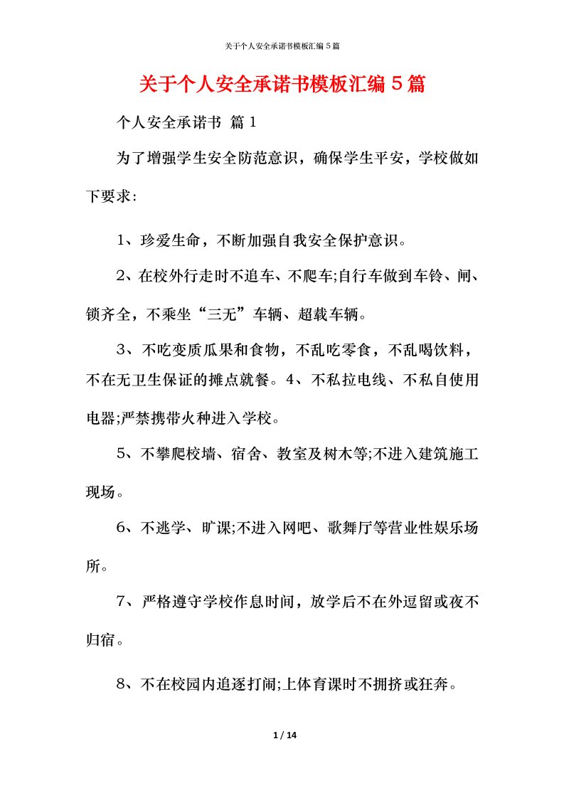 精编关于个人安全承诺书模板汇编5篇