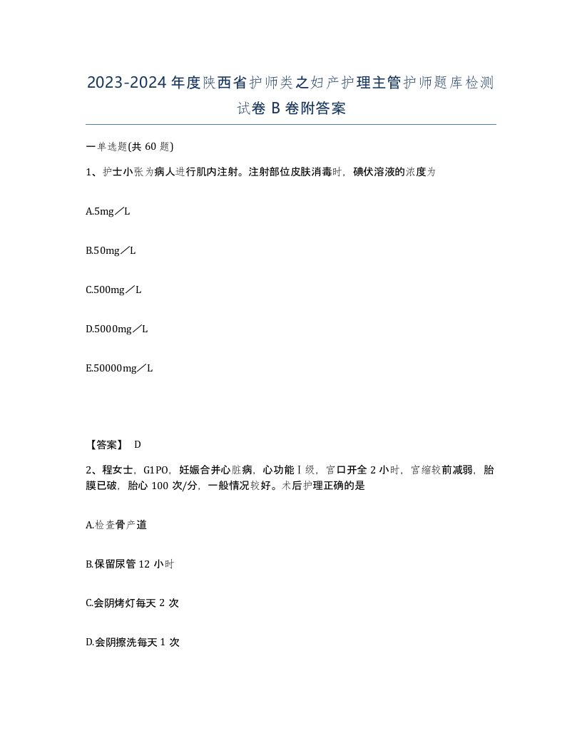 2023-2024年度陕西省护师类之妇产护理主管护师题库检测试卷B卷附答案