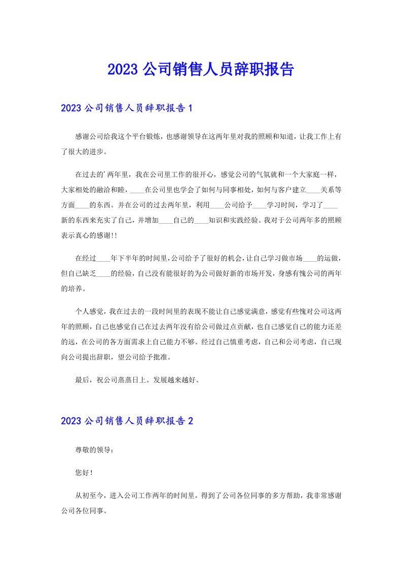 2023公司销售人员辞职报告