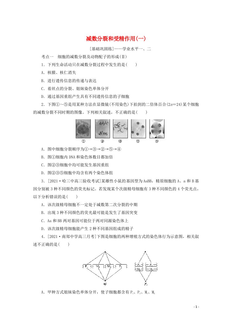 2022学年高考生物一轮复习水平检测13减数分裂和受精作用一含解析新人教版