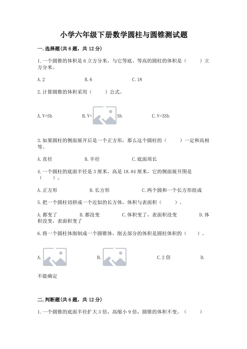 小学六年级下册数学圆柱与圆锥测试题附答案【综合卷】