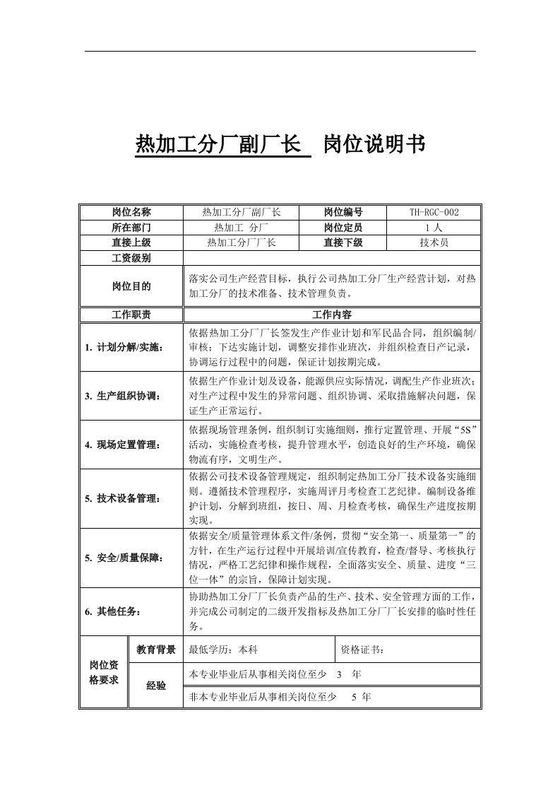 热加工分厂副厂长岗位说明书