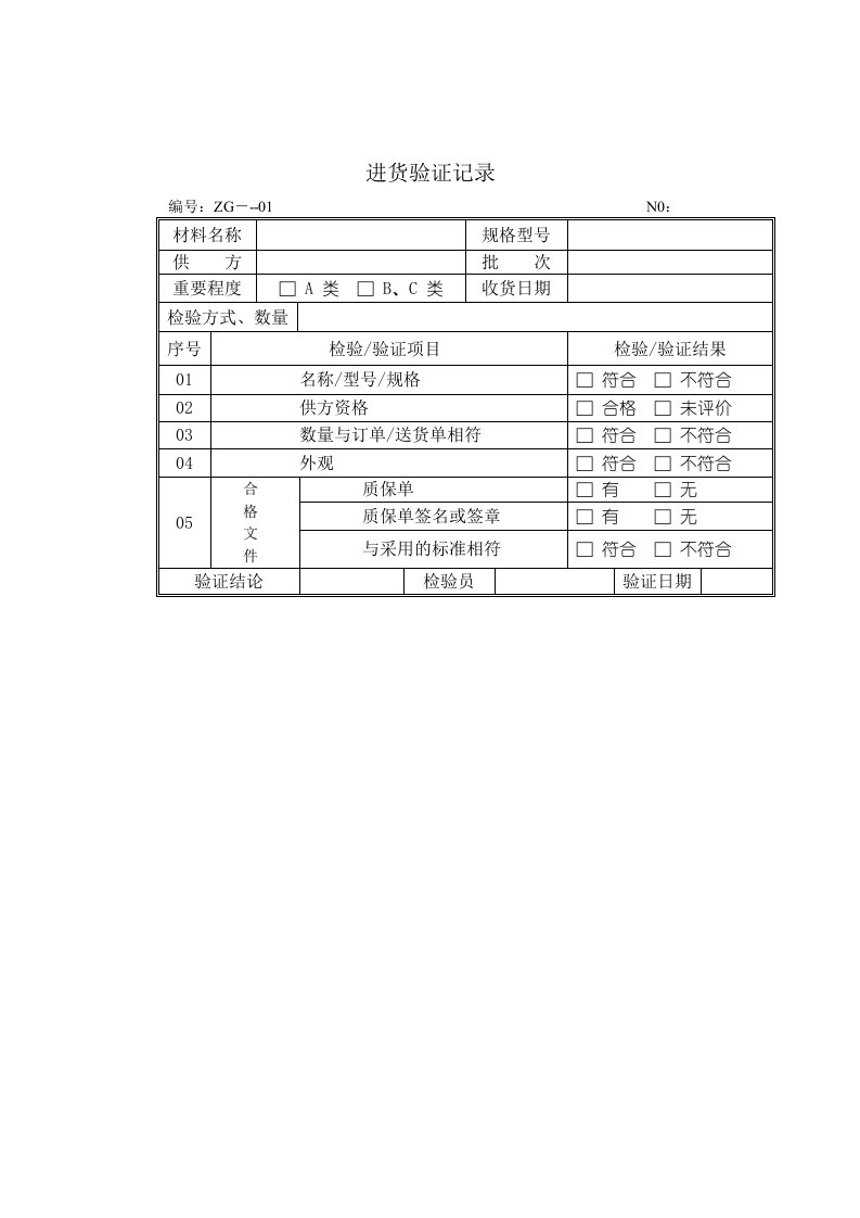 进货验证记录