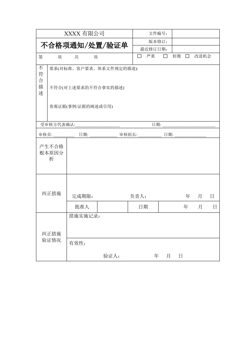 《质量管理体系内审用全套图表》(16个文件)08不合格项通知处置验证单-质量制度表格