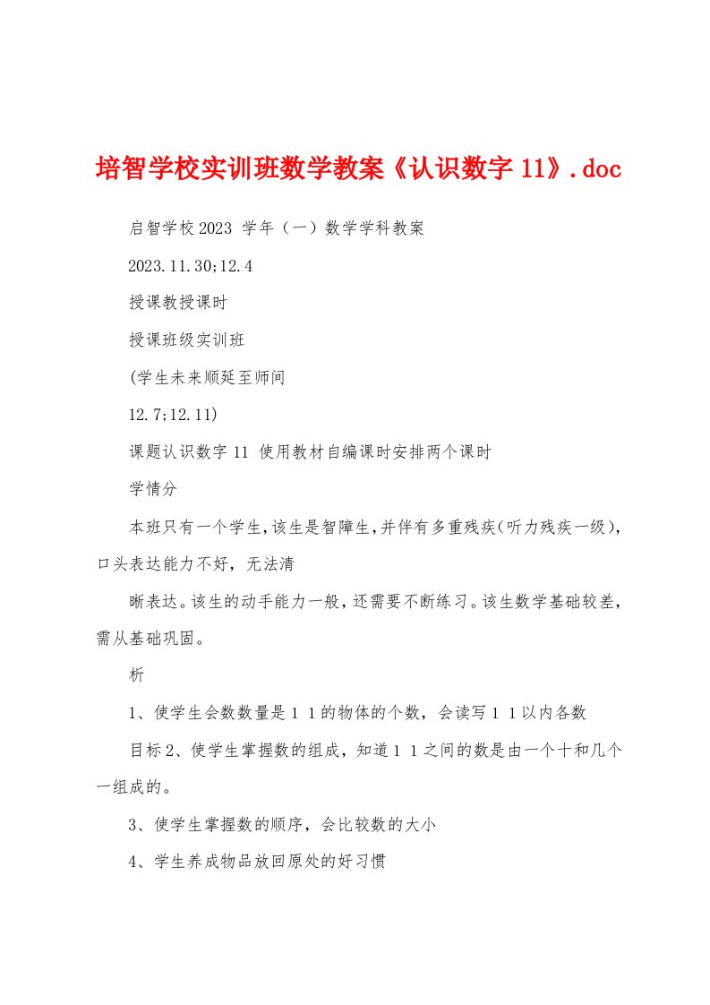 培智学校实训班数学教案《认识数字11》