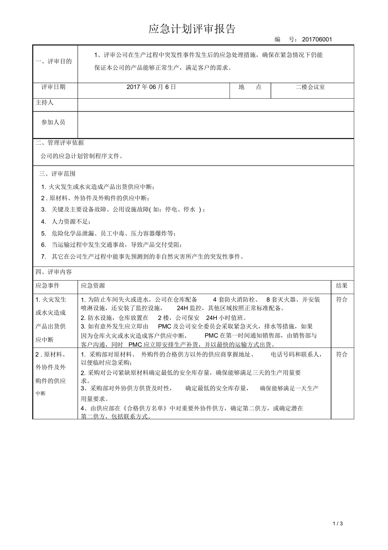 IATF16949-2016应急计划评审报告OK