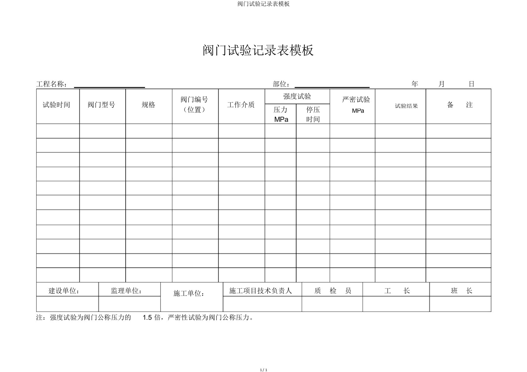 阀门试验记录表模板