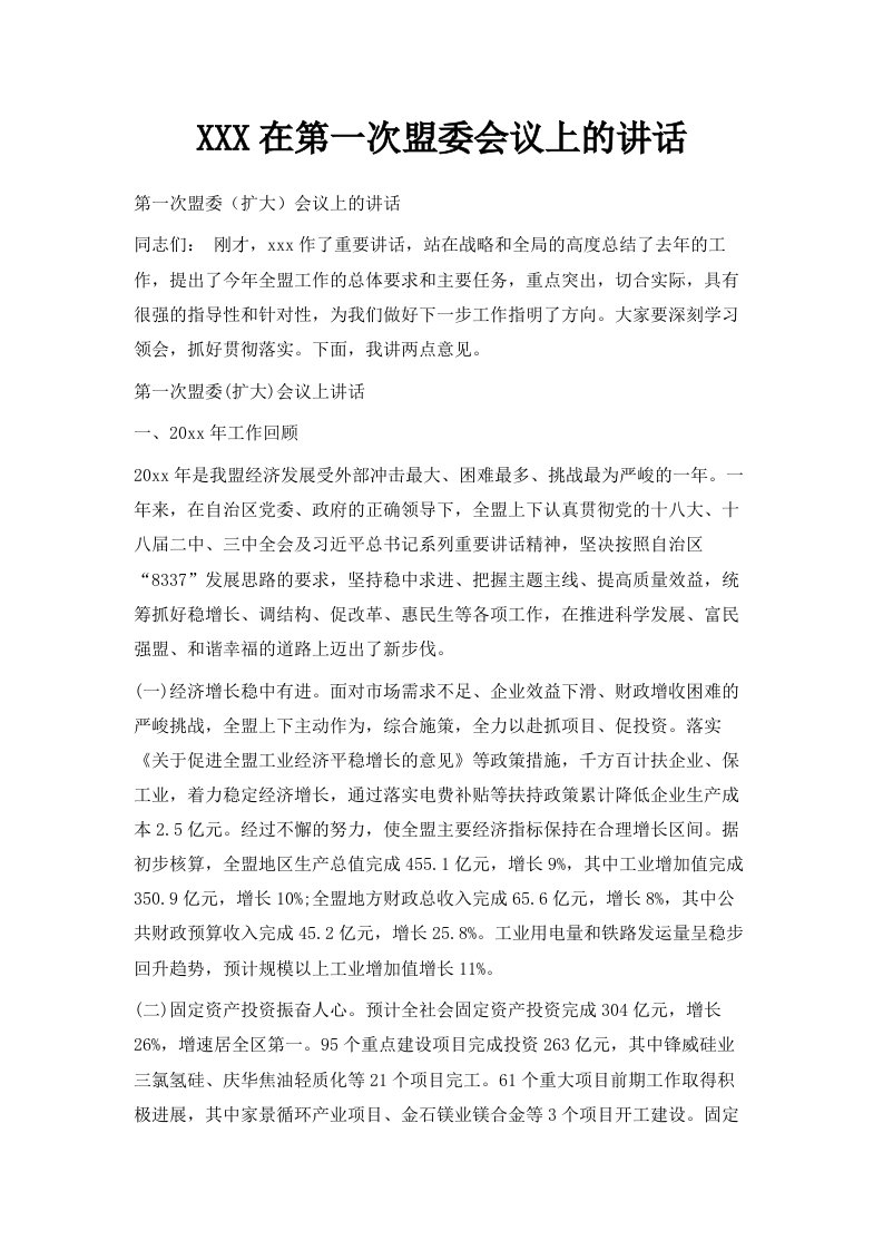 某某某在第一次盟委会议上的讲话