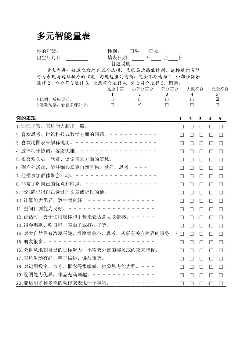 加德纳多元智能量表