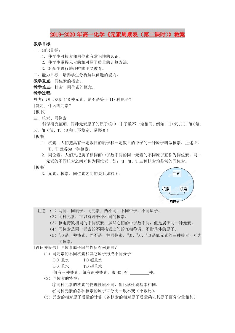 2019-2020年高一化学《元素周期表（第二课时）》教案