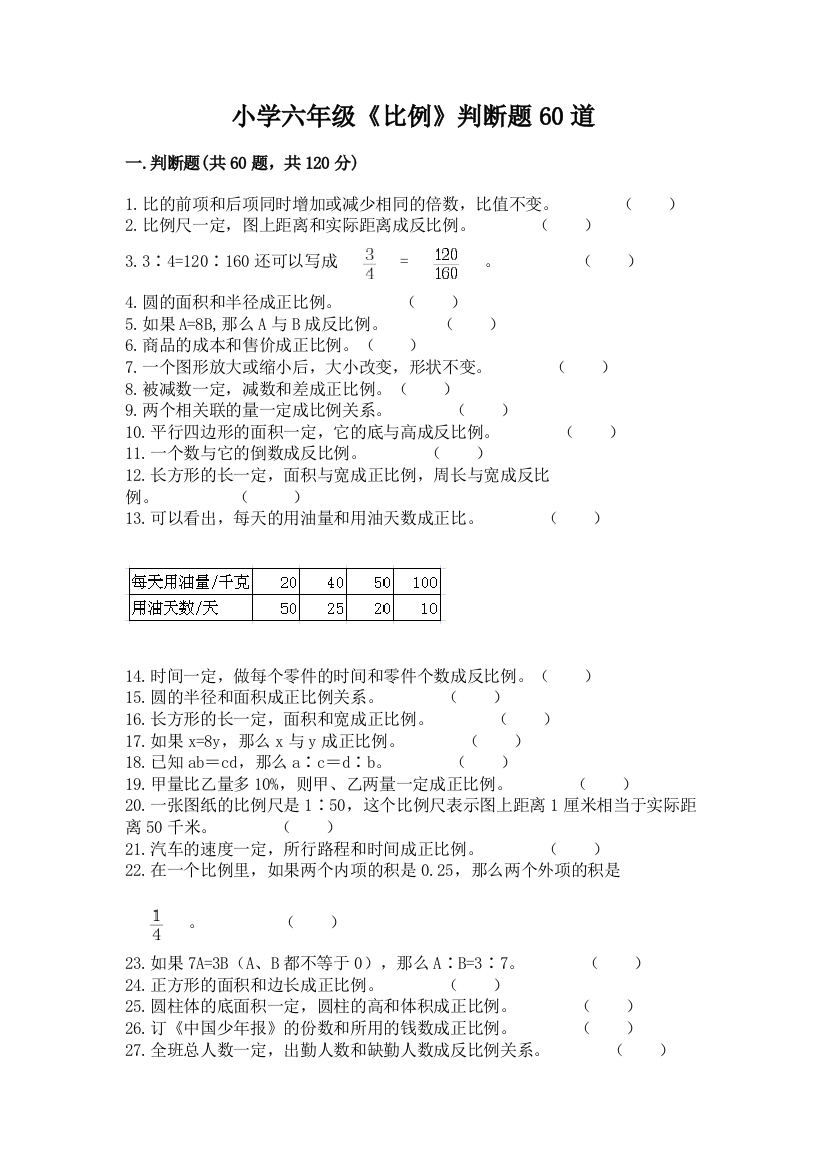 小学六年级《比例》判断题60道(基础题)