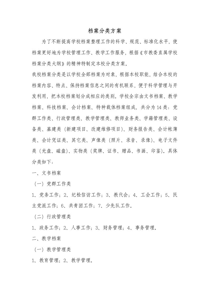 学校档案分类方案