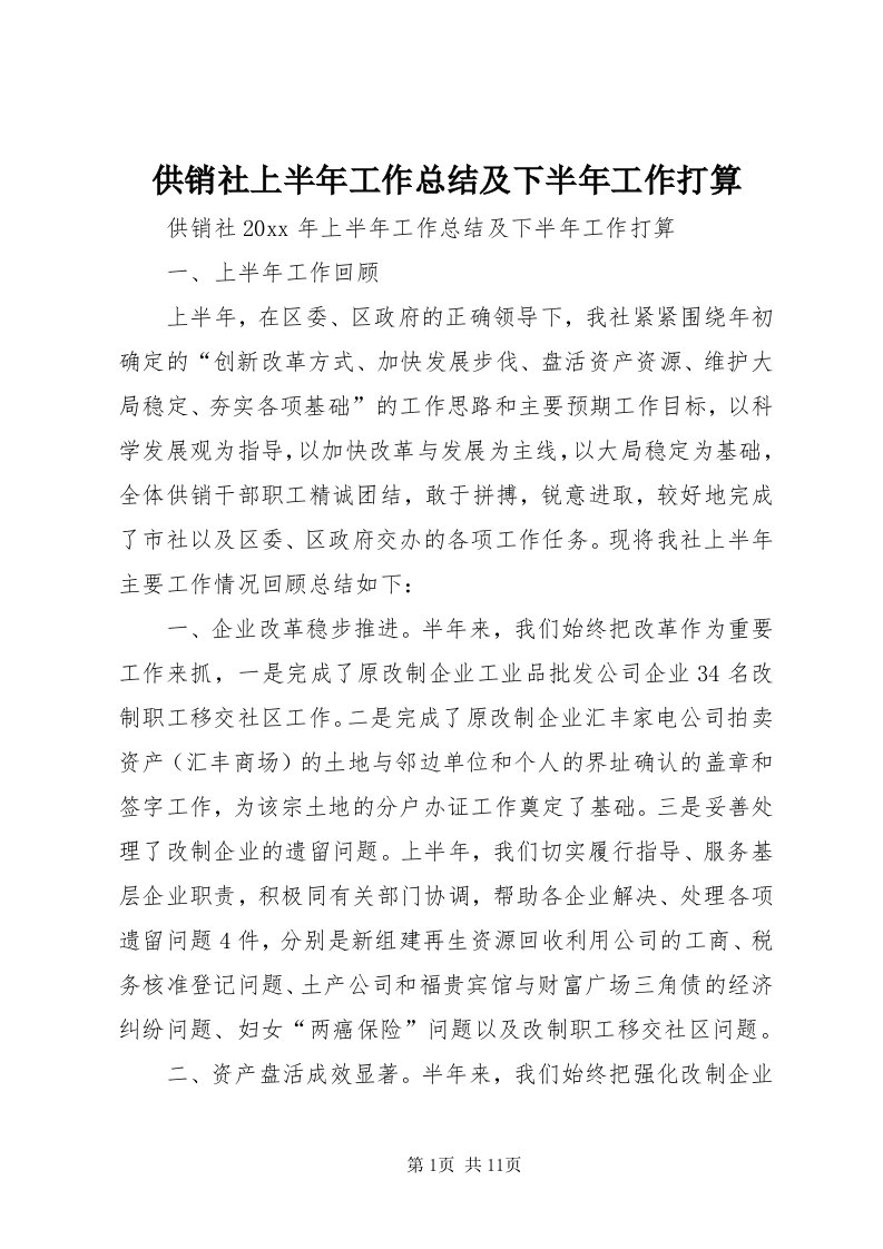 供销社上半年工作总结及下半年工作打算