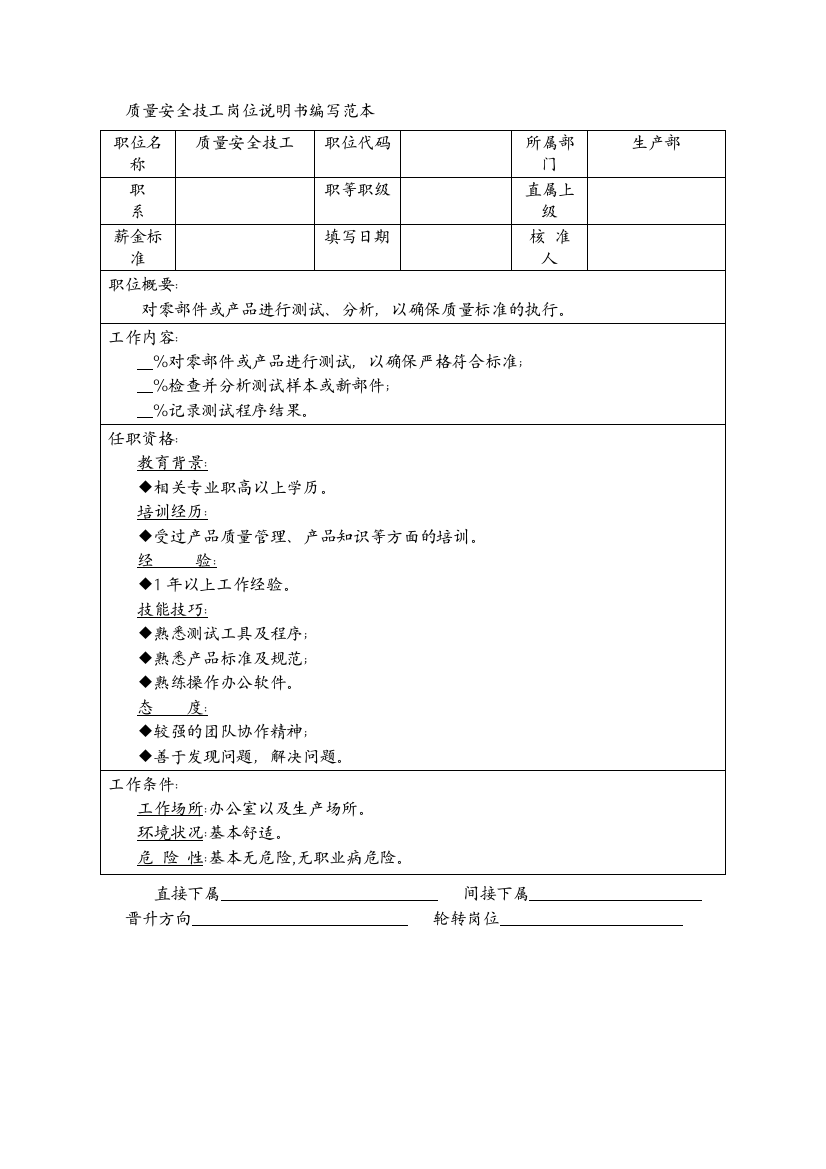 质量安全技工岗位说明书编写范本