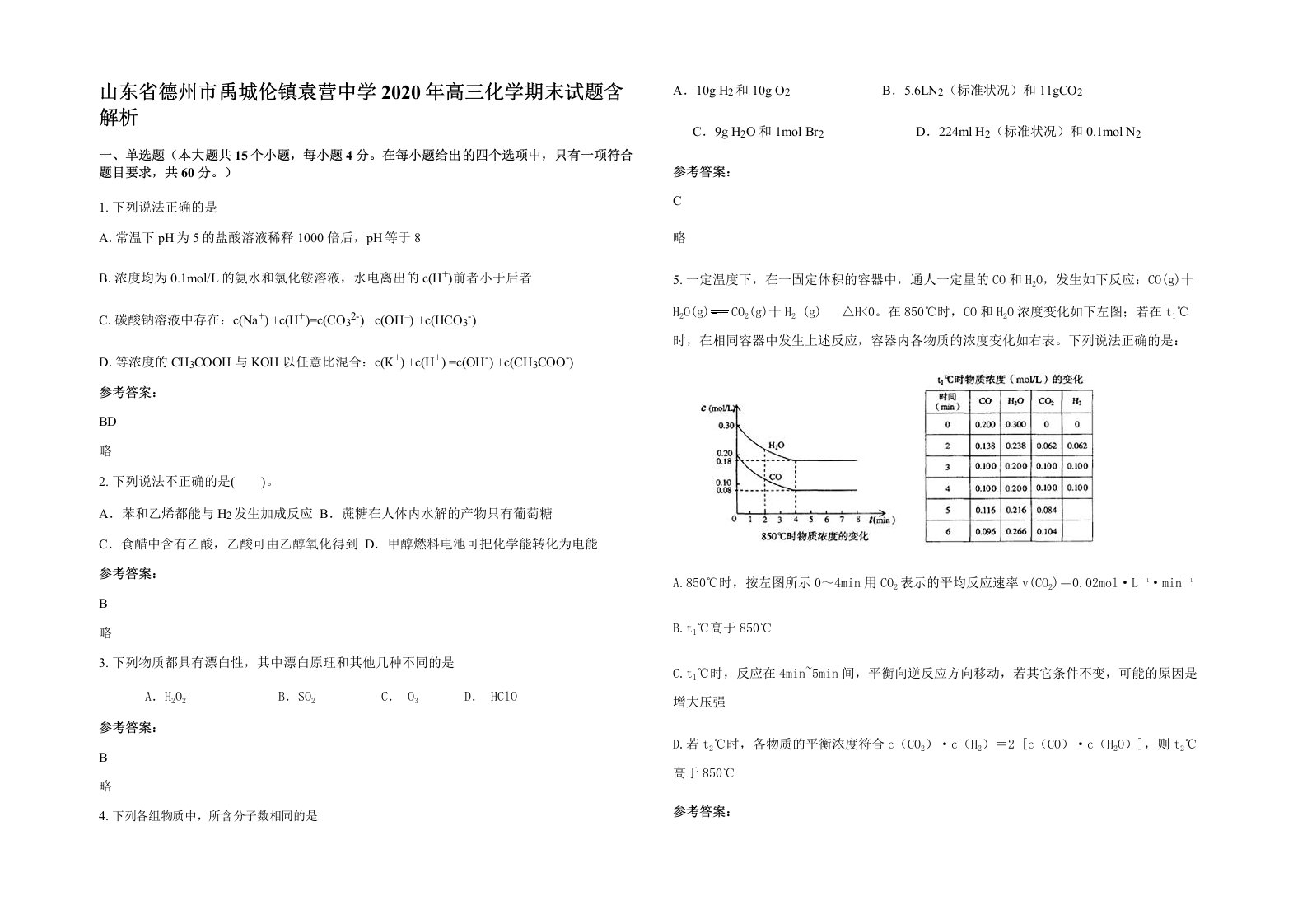 山东省德州市禹城伦镇袁营中学2020年高三化学期末试题含解析