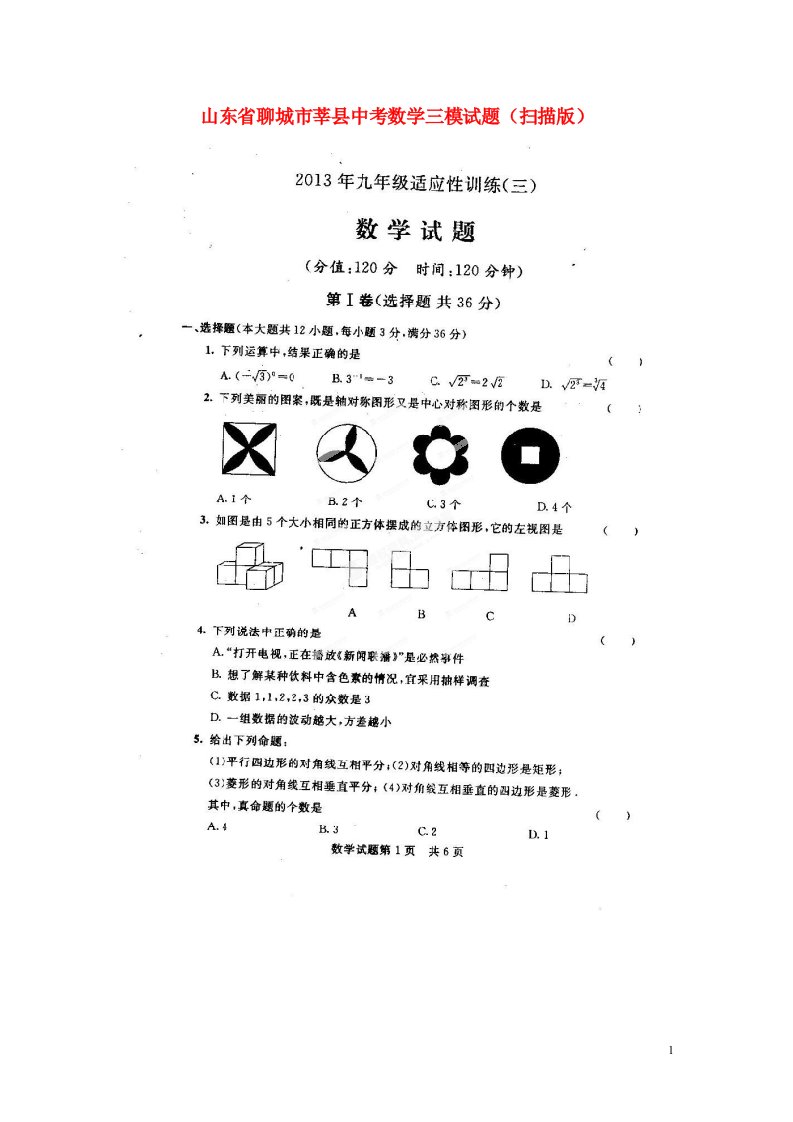 山东省聊城市莘县中考数学三模试题（扫描版）