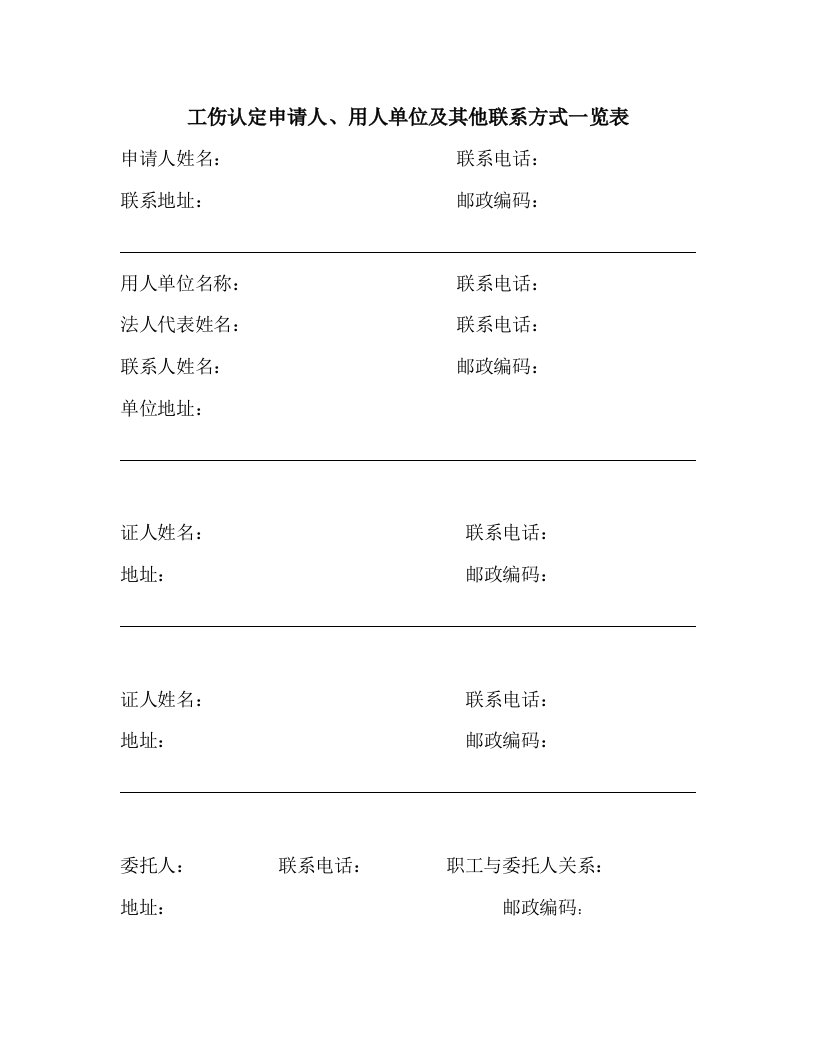 工伤认定申请人、用人单位及其他联系方式一览表汇总