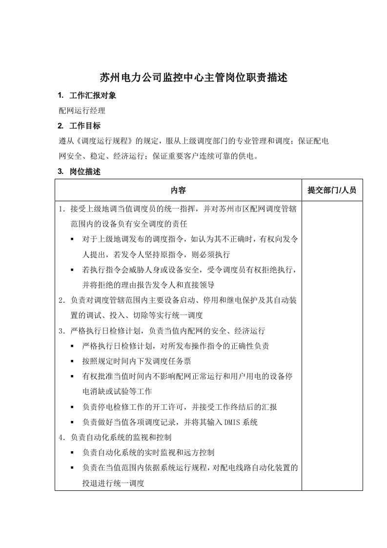 电力行业-苏州电力公司监控中心主管岗位职责描述