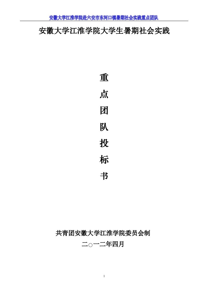 暑假社会实践赴六安市东河口镇投标书