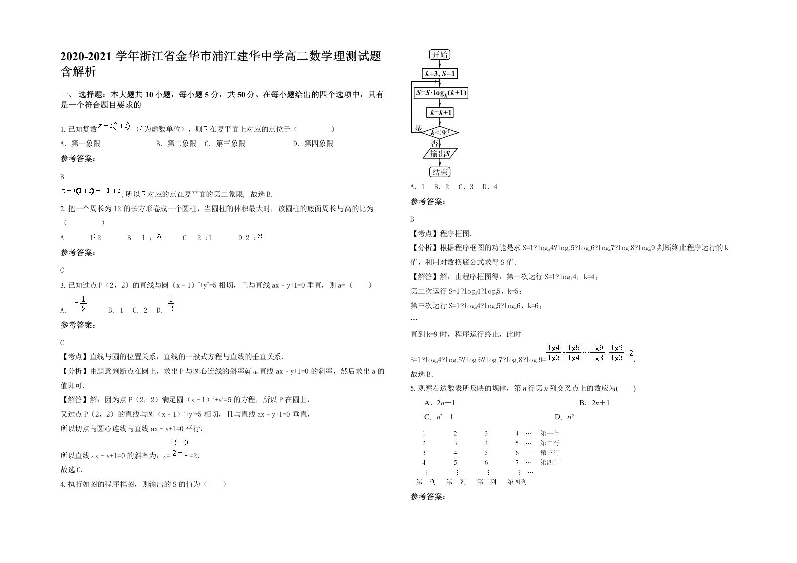 2020-2021学年浙江省金华市浦江建华中学高二数学理测试题含解析