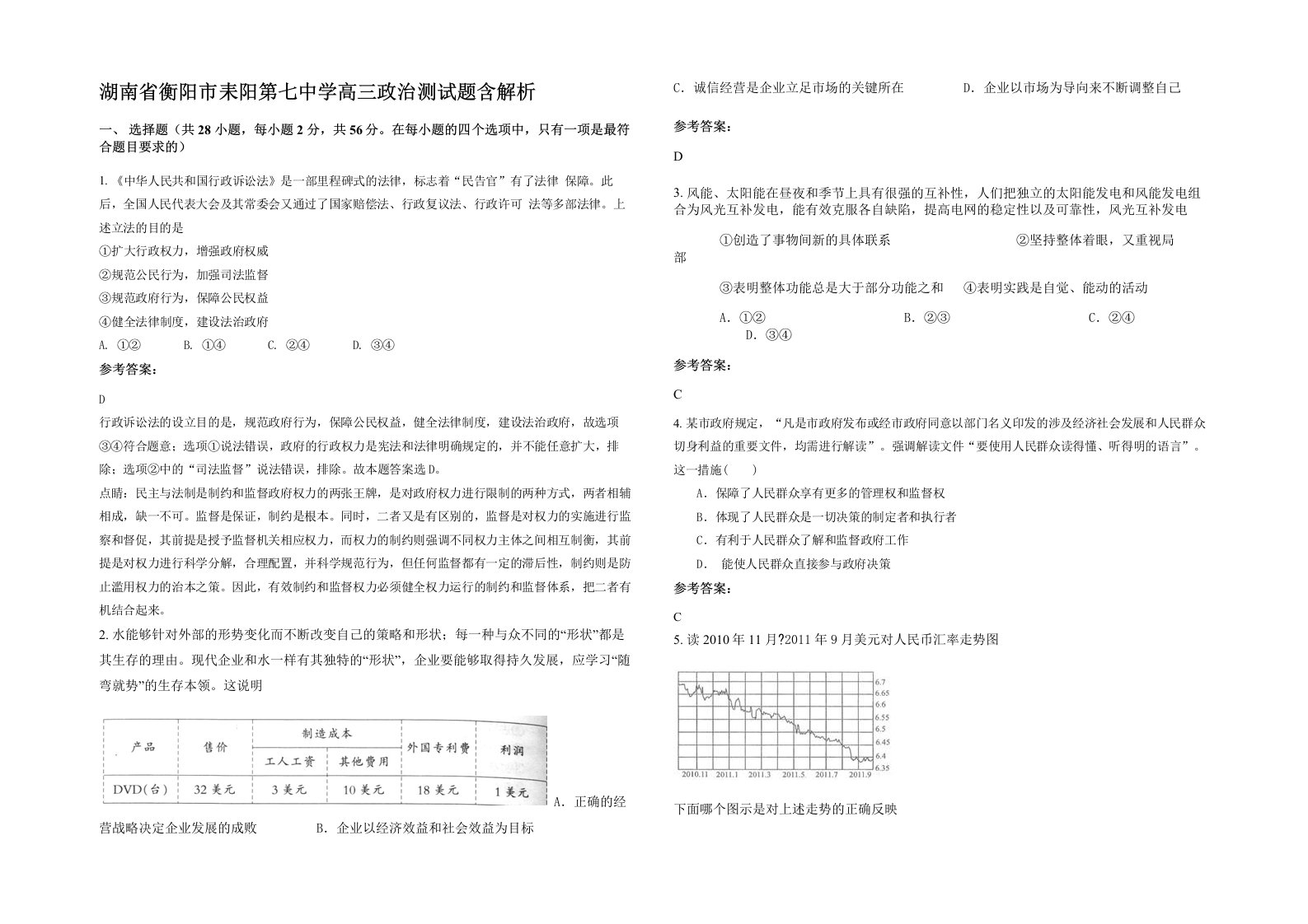 湖南省衡阳市耒阳第七中学高三政治测试题含解析