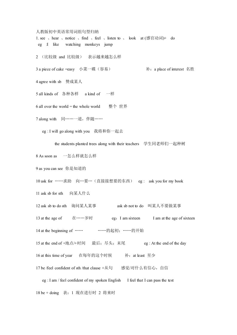 人教版初中英语常用词组句型归纳