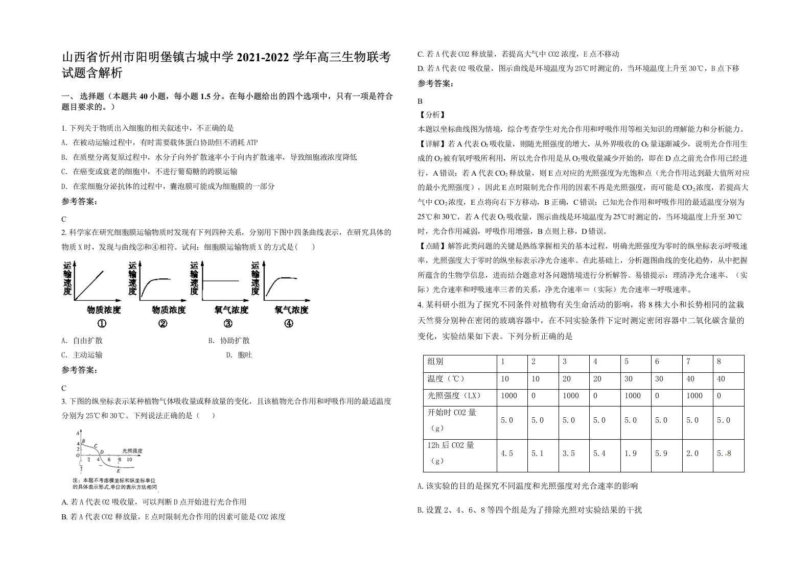 山西省忻州市阳明堡镇古城中学2021-2022学年高三生物联考试题含解析