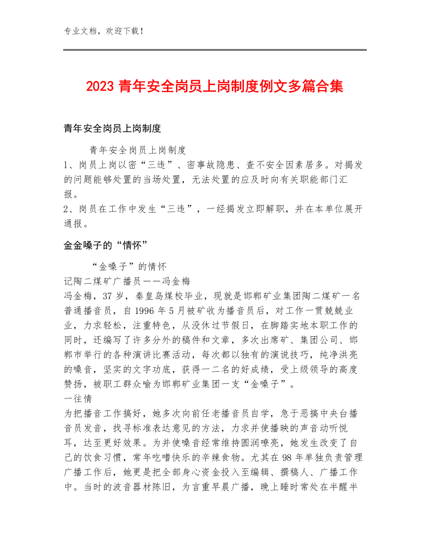 2023青年安全岗员上岗制度例文多篇合集