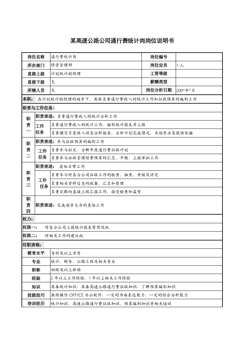 某高速公路公司通行费统计岗岗位说明书