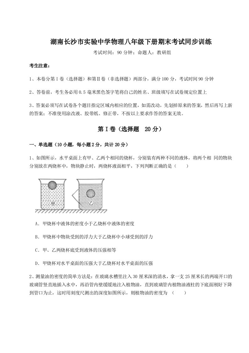 2023年湖南长沙市实验中学物理八年级下册期末考试同步训练试卷（解析版含答案）