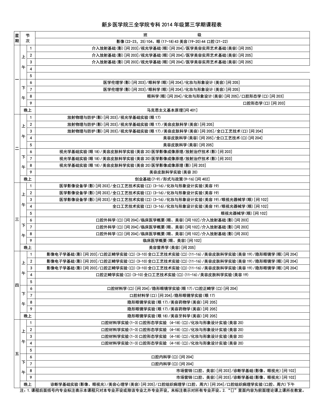 《新乡医学院三全学院专科2019年级第三学期课程表》