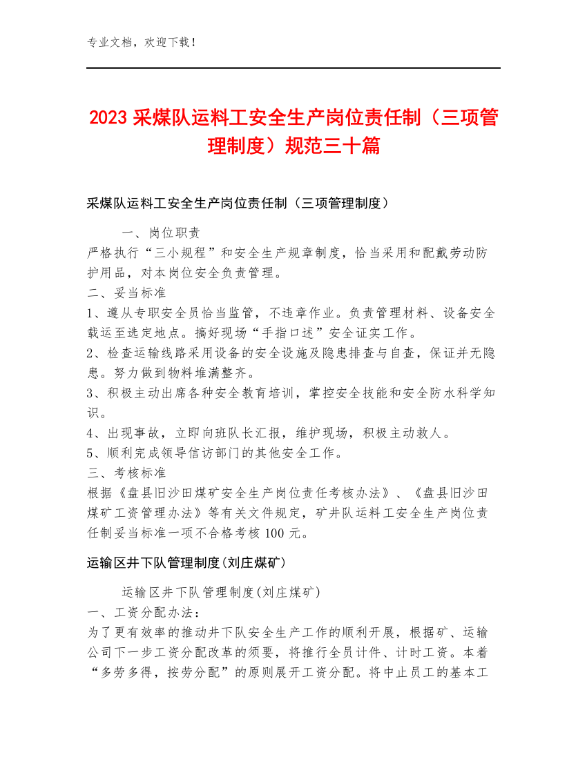 2023采煤队运料工安全生产岗位责任制（三项管理制度）规范三十篇