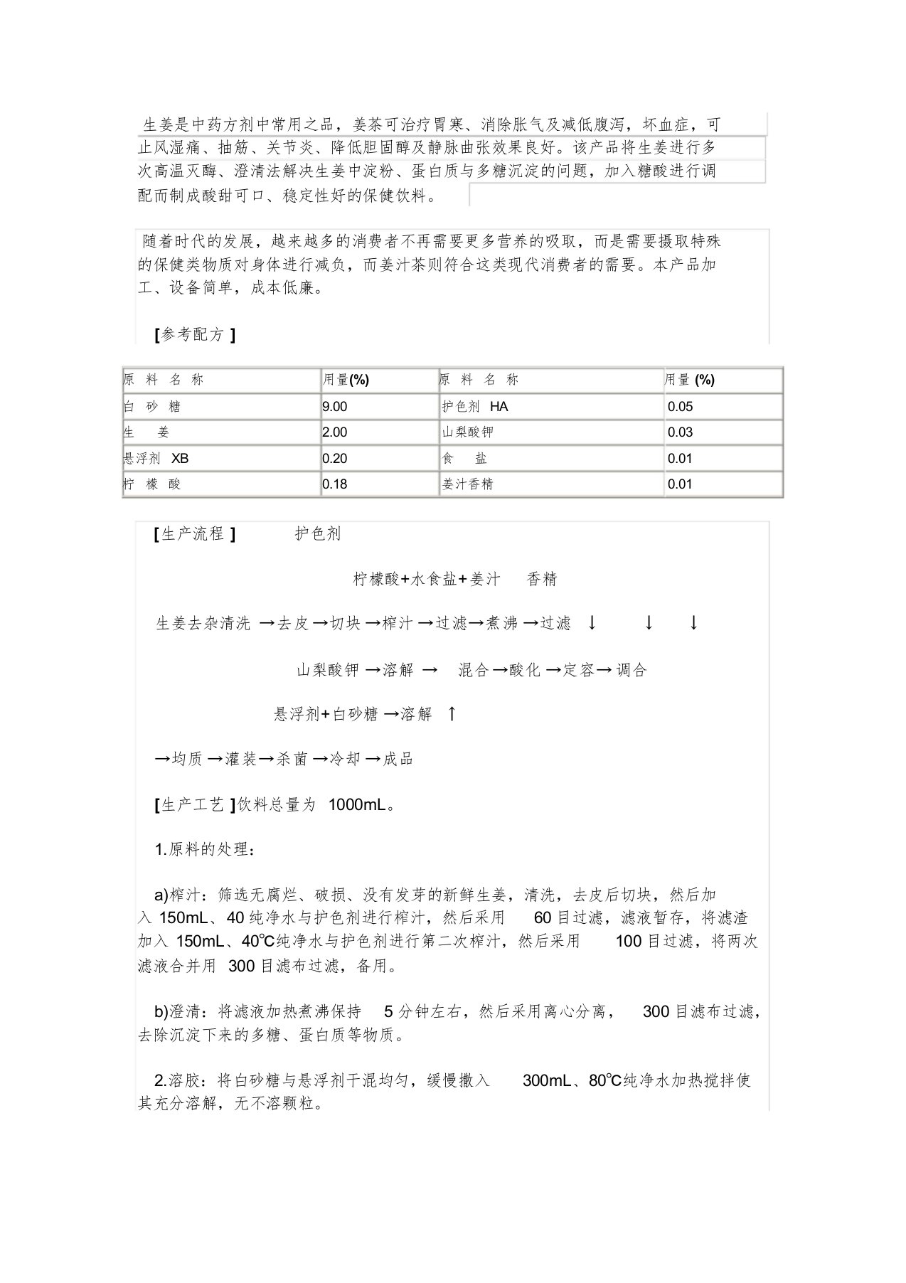 姜汁茶饮料产品生产工艺