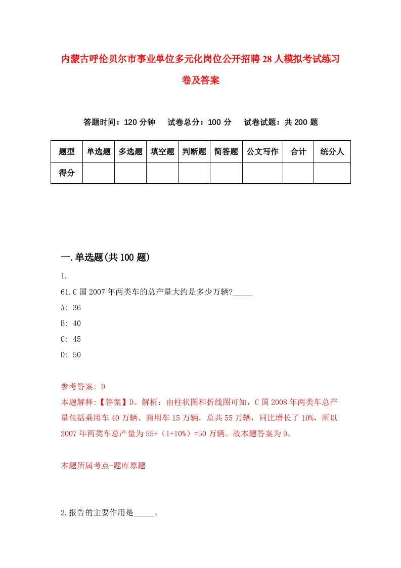 内蒙古呼伦贝尔市事业单位多元化岗位公开招聘28人模拟考试练习卷及答案第4版