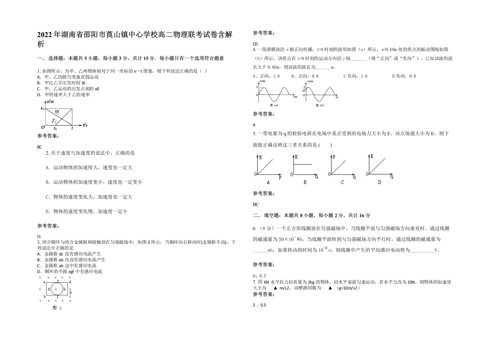 2022年湖南省邵阳市莨山镇中心学校高二物理联考试卷含解析