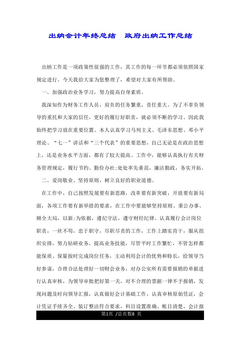 出纳会计年终总结政府出纳工作总结