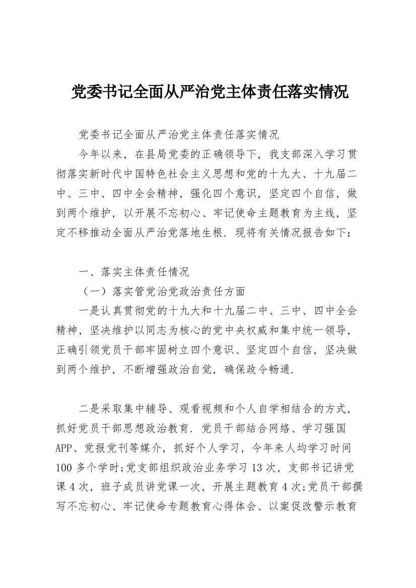 党委书记全面从严治党主体责任落实情况