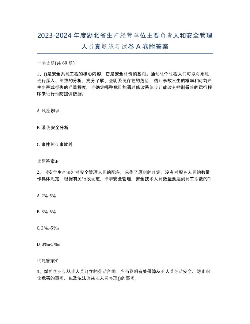 20232024年度湖北省生产经营单位主要负责人和安全管理人员真题练习试卷A卷附答案