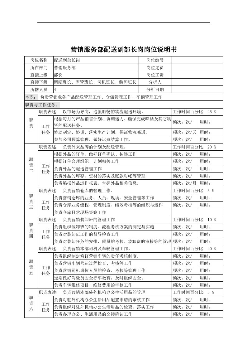 营销服务部配送副部长岗岗位说明书