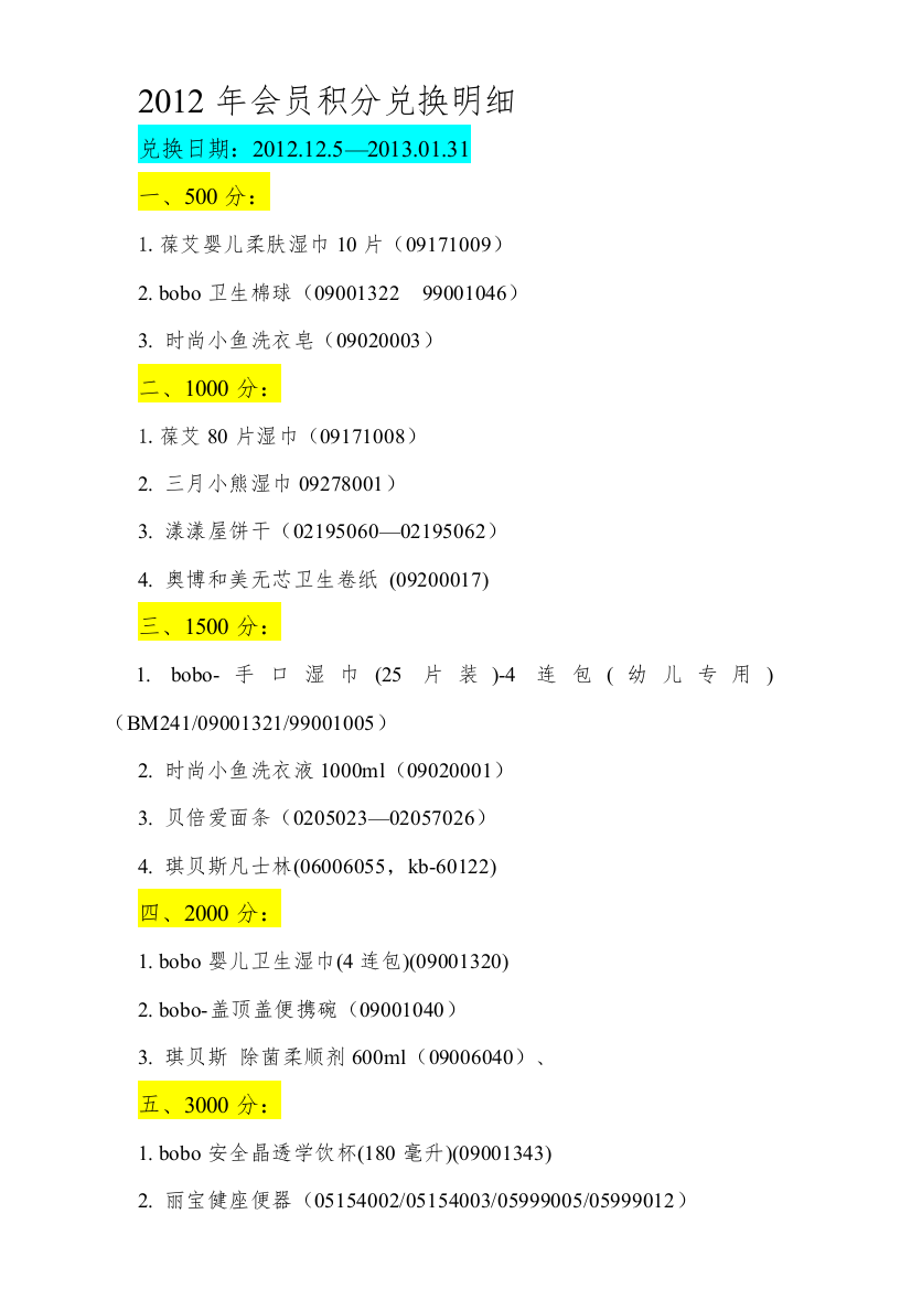 2012年关积分兑换明细