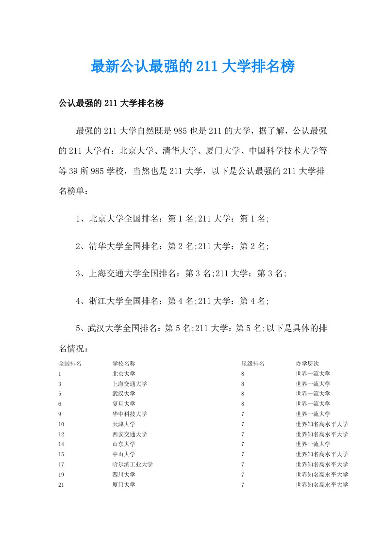 最新公认最强的211大学排名榜