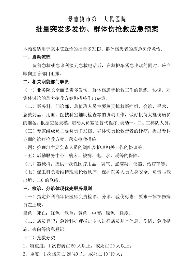 批量突发多发伤群体伤抢救应急预案