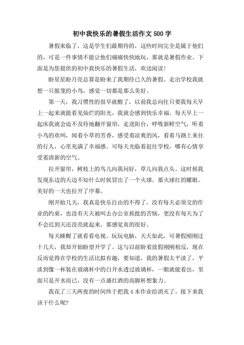 初中我快乐的暑假生活作文500字