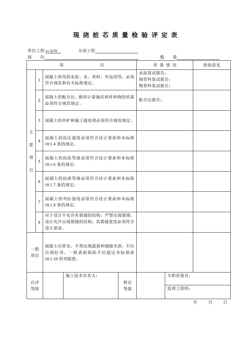 建筑资料-现浇桩芯质量检验评定表