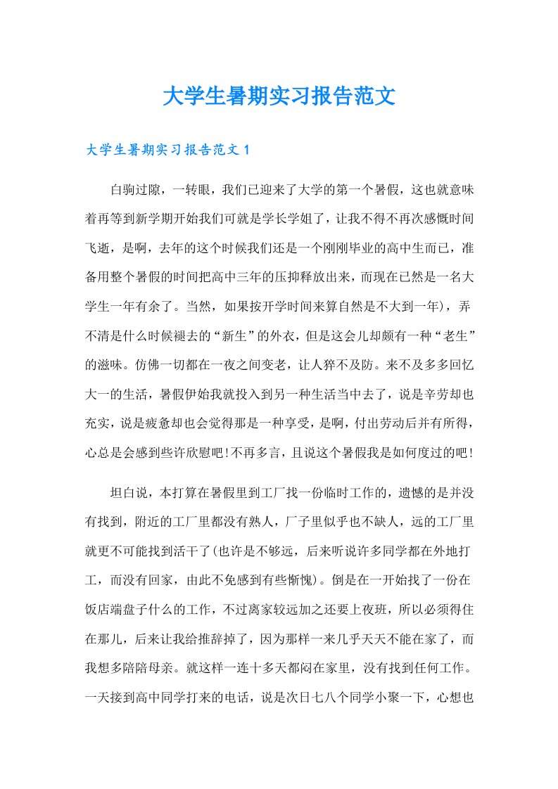 大学生暑期实习报告范文