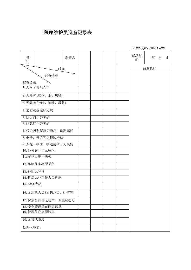 秩序维护员巡查记录表