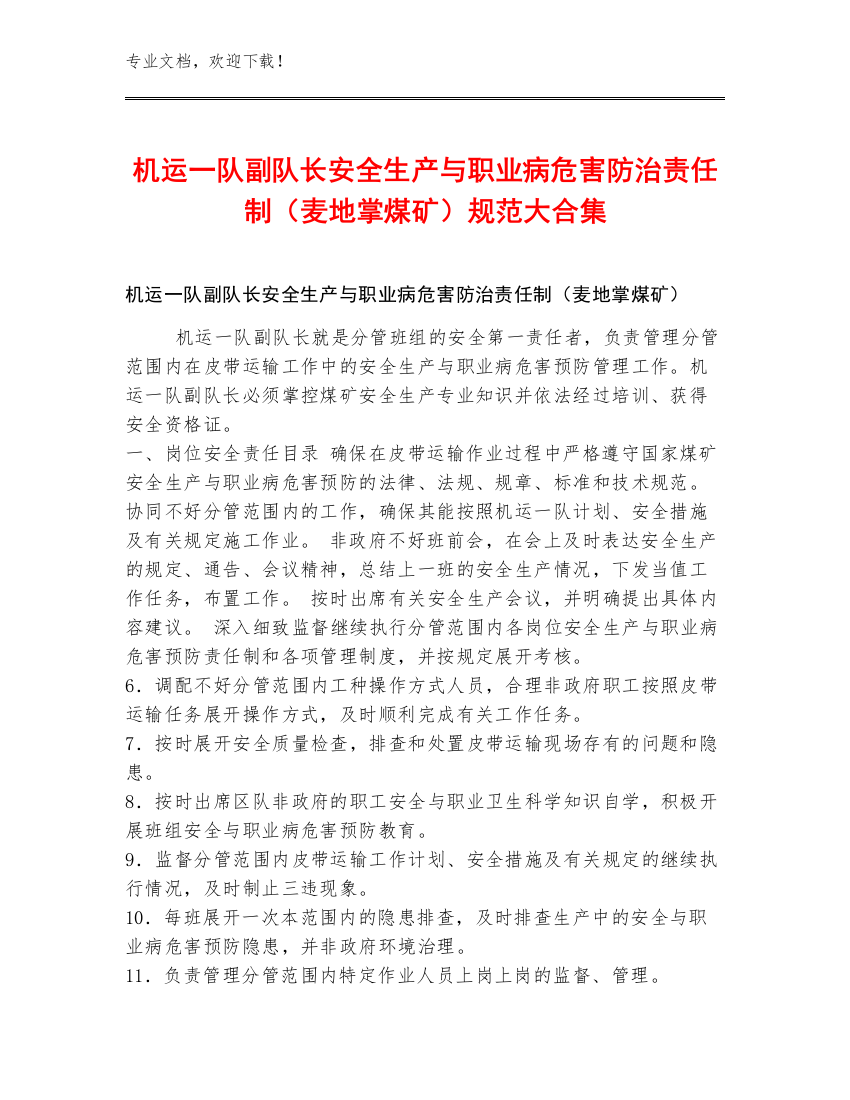 机运一队副队长安全生产与职业病危害防治责任制（麦地掌煤矿）规范大合集