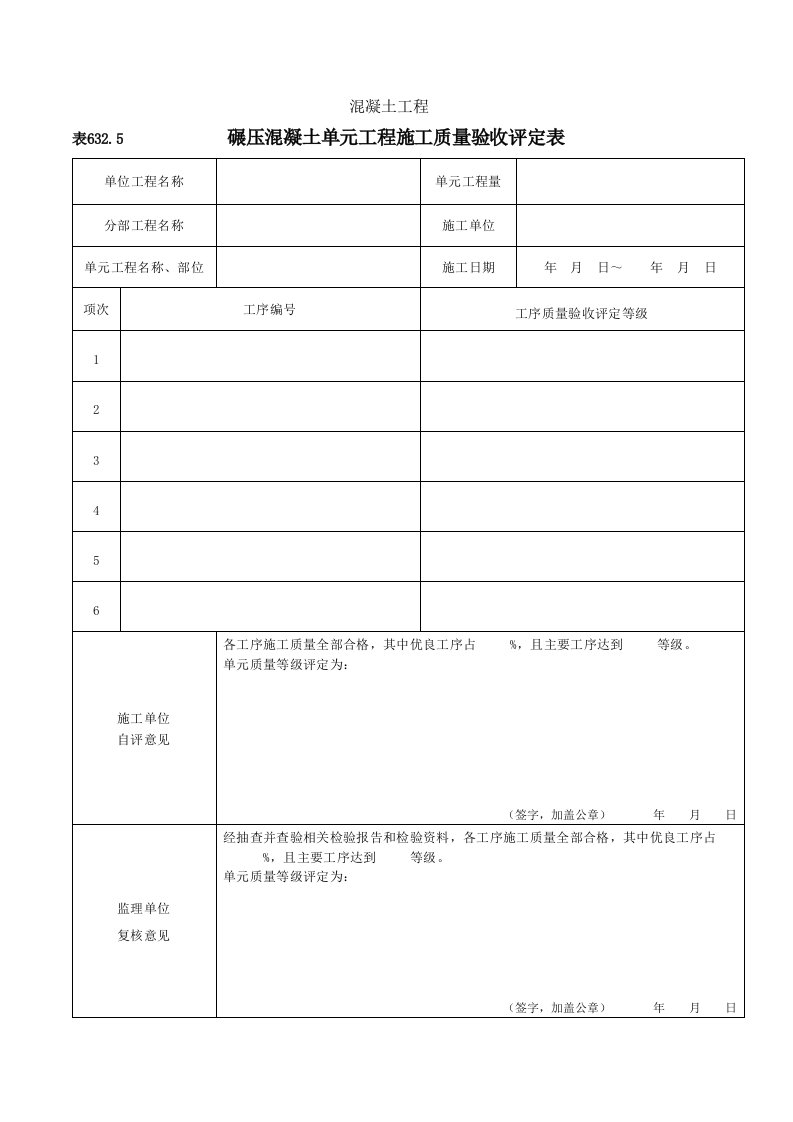 碾压混凝土单元工程施工质量验收评定表