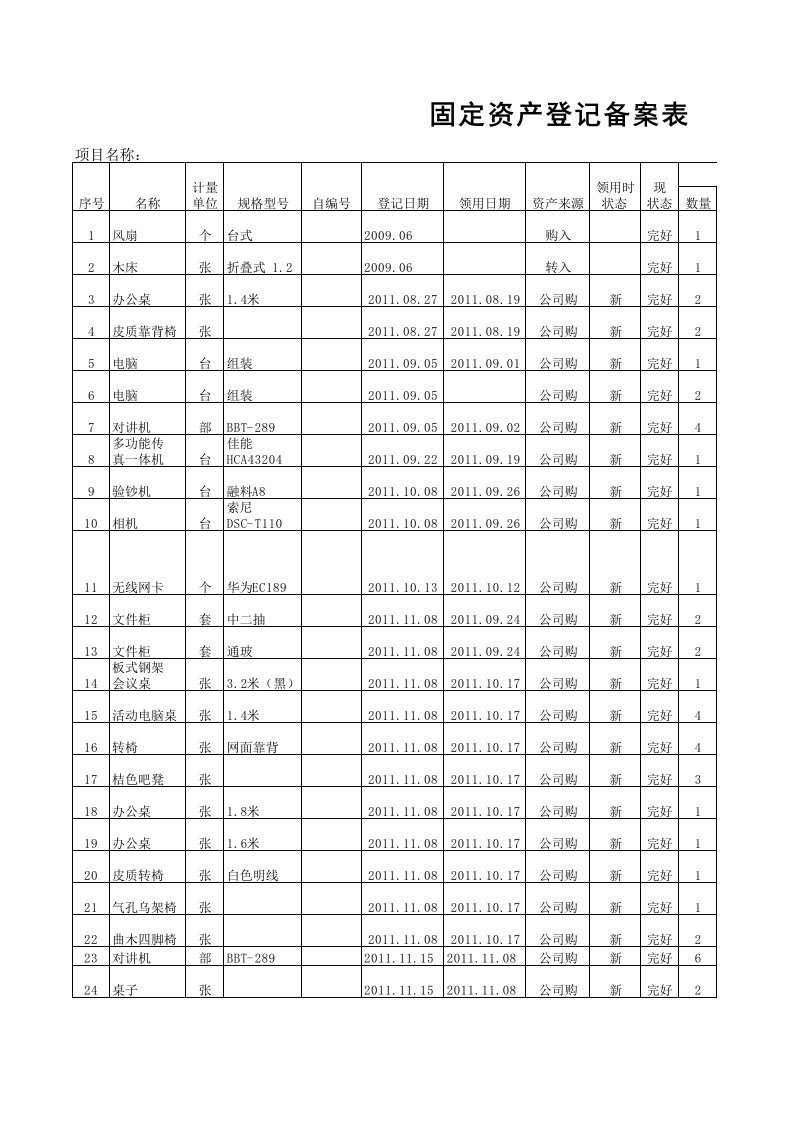 固定资产登记备案表